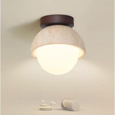 Imagem de WOSBO Luz de teto travertino amarelo, lâmpada de teto moderna de 15 cm de meados do século com abajur PE branco, luminária de teto Wabi Sabi para quarto, sala de estar, cozinha, ilha, corredor