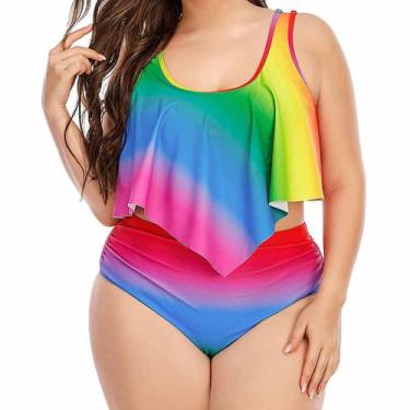 Imagem de Maiô feminino sexy com estampa arco-íris dividida gradiente plus size 