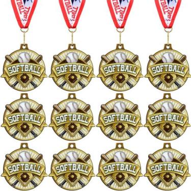 Imagem de Medalhas de softball Ecation 12 peças de 5 cm de ouro com fita