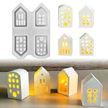 Imagem de 4 peças de suporte de vela de silicone em forma de casa, mini molde de resina para casa, enfeites de Natal para casa de arte, moldes de fundição de resina epóxi para artesanato de argila e sabão DIY