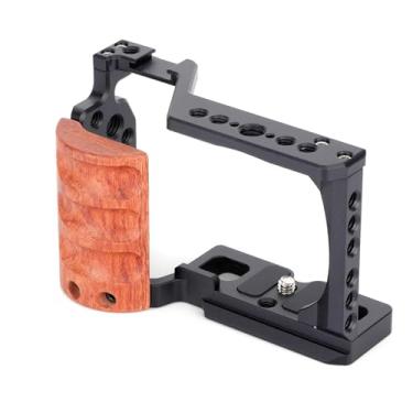 Imagem de SZZCNOX Gaiola de câmera ZV-E10 com alça lateral de madeira para Sony Alpha ZV-E10 acessórios de gravação de vídeo, gaiola de armação de metal furos rosqueados embutidos, sapata fria e placa de
