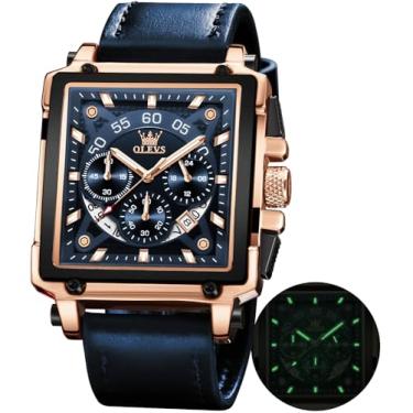 Imagem de OLEVS Relógios de pulso masculinos mecânicos automáticos, multicalendários, aço inoxidável, cronógrafo, cristal de safira, luminoso, à prova d'água, presentes para homens, Azul-9919, Moderno