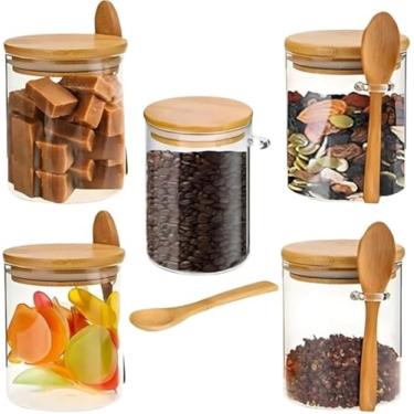 Imagem de Conjunto de Potes de Vidro com Tampa de Bambu, 3 Peças, Organizador de Cozinha com Colher, Ideal para Condimentos e Especiarias