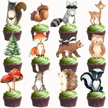 Imagem de Topos de cupcake de chá de bebê da floresta: 48 peças de enfeites de cupcake de animais da floresta decorações de chá de bebê animais da floresta revelação de gênero suprimentos de festa