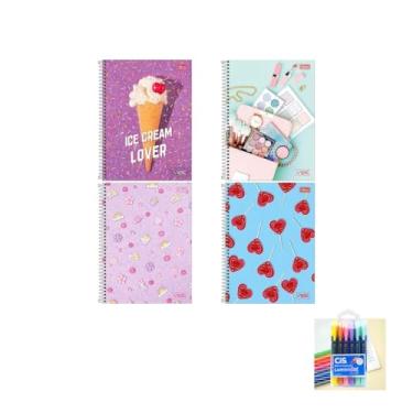 Imagem de Kit Caderno Universitário Vibe Feminino 80F Tilibra Caneta Esferográfica e Marca Texto