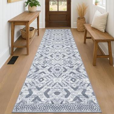Imagem de KILOCOCO Tapete de corredor de corredor 6 x 20 cm lavável tapete marroquino antiderrapante tapete de entrada tapete longo para quarto, cozinha, sala de estar, banheiro, geométrico, boho, cinza, cinza