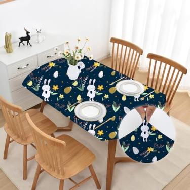 Imagem de Mulilai Toalha de mesa oval azul marinho da Páscoa, 122 x 152 cm, com tecido elástico elástico, tecido elástico, toalha de mesa lavável, antiderrapante, capa de mesa para cozinha, decoração de jantar