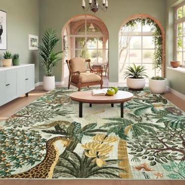 Imagem de GarveeHome Tapetes de área grande, 25 x 33 cm para sala de estar, tapete lavável com animais da selva, macio, antiderrapante, tapete interno fino verde para quarto, sala de jantar, sala de jogos