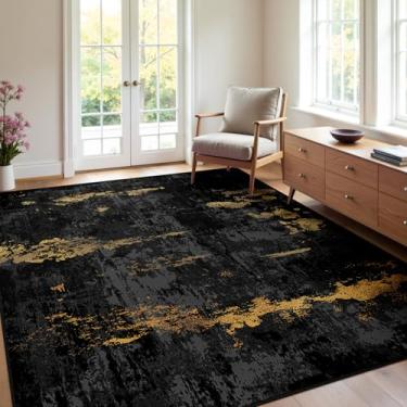 Imagem de RELEANY Tapetes laváveis 10 x 12 cm antiderrapantes modernos abstratos macios para sala de estar, entrada, quarto, berçário, padrão impresso, ouro preto escuro