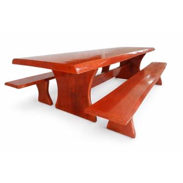 Imagem de Mesa Jantar Rústica Tampo(3,00mts x 85cm x 5,5cm) com Bordas Laterais Orgânicas e 2 Bancos Laterais Tampo(3,00mts X 36cm x 4cm) - Madeira Maciça de Jequitibá - Acabamento em Mogno – 10 lugares