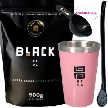 Imagem de Kit Tereré Black Erva Mate 500g + Copo Alumínio Térmico ROSA + Bomba C
