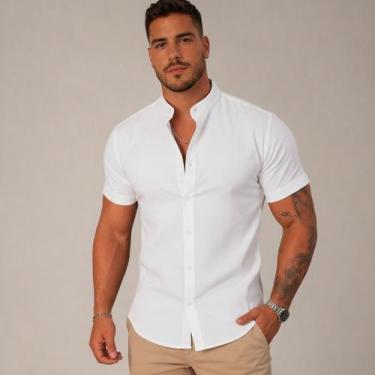 Imagem de Camisa Social Slim Masculina Gola Padre Manga Curta - Volgue, Branco, 