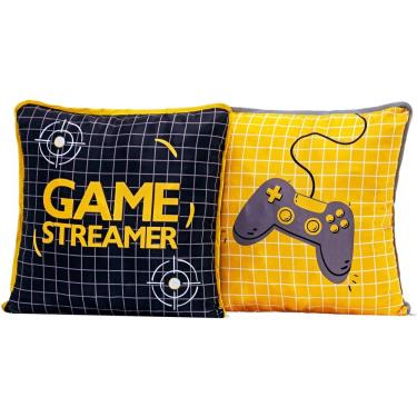 Imagem de Par De Almofadas Cheias Estampadas Game Streamer Preto/amarelo 45cm X 45cm Com Zíper E Viés - Enchimento Silicone