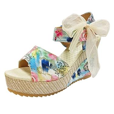 Imagem de Sandálias anabela para mulheres flor com cadarço plataforma sapatos calçados cunhas moda feminina sandálias femininas, Azul, 7