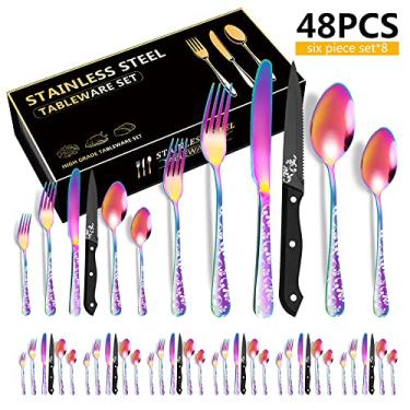 Imagem de Wemay 48 talheres de aço inoxidável conjunto de talheres polido espelho 8 facas de bife 8 facas de jantar 8 garfos 8 colheres 8 garfos de chá 8 colheres de chá com belo padrão de flores para cozinha