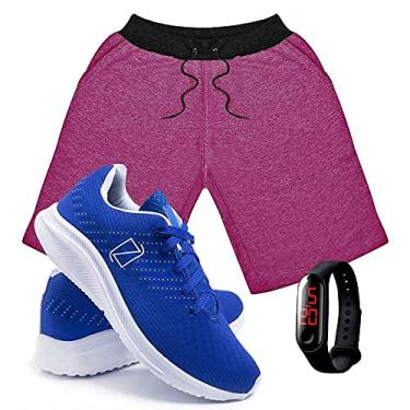 Imagem de Kit Bermuda Moletom Masculina + Tenis Masculino Conforto + Relógio Digital - Rosa-Azul/GG-42