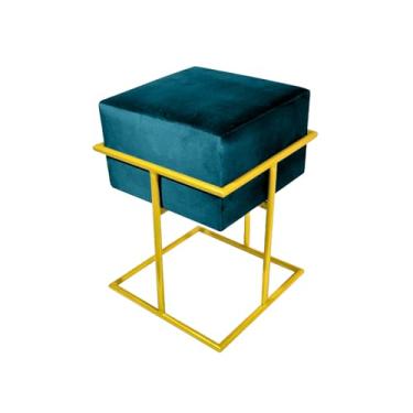 Imagem de Puff Decorativo Quadrado Base De Ferro Dourada Tecido Veludo Azul