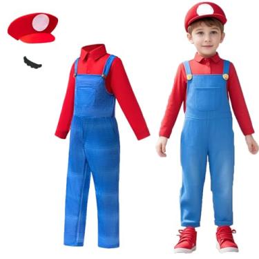 Imagem de Shaopaushow Kids Super Bros Costume Mario/Luigi Outfits for Toddler Boys Halloween Cosplay Overalls Plumber Jumpsuit with Hat (RA86, 6-7 Years)