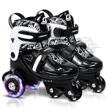 Imagem de Patins infantis com design legal de dinossauro, tênis de patinação para treinamento infantil com proteção tripla de segurança, 4 tamanhos ajustáveis, rodas iluminadas (Fóssil preto, PP-Pequeno (8C