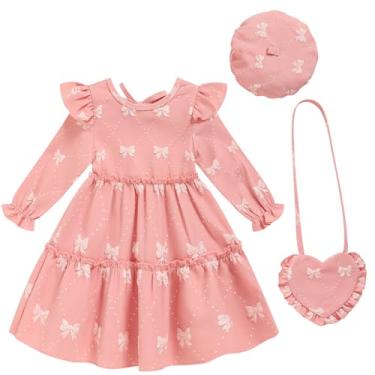 Imagem de Toddler Girl Dress Kids Long Sleeve Ruffle Dresses Fall Winter Outfit Hat Bag Floral Girls Casual Playwear Dress