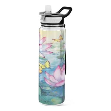 Imagem de Burbuja Garrafa de água Lotus Painting de 940 ml com tampa de palha, à prova de vazamento e livre de BPA para academia, esportes ao ar livre