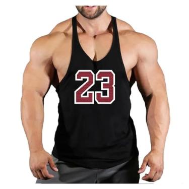 Imagem de Camiseta regata masculina gola redonda cor sólida costas nadador número impresso emagrecedor camiseta muscular, Preto, XG