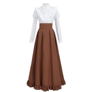 Imagem de CR ROLECOS Vestido vitoriano, fantasia renascentista eduardiana, feminina, medieval, vintage, saia, vestido de baile, Halloween, P, marrom