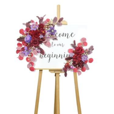 Imagem de BASIMAN Conjunto de 2 flores de arco de casamento, flores artificiais para placa de boas-vindas de casamento, decorações de casamento para recepção e pano de fundo de casamento (Eucalipto roxo