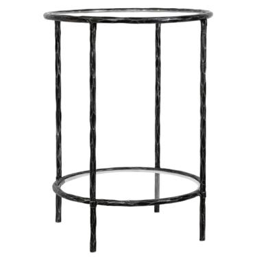 Imagem de Mesa lateral forjada à mão, 2 camadas, mesa de centro vintage com tampo de vidro, mesa de destaque com moldura sólida martelada, adequada para sala de estar, quarto, sala de estudo, entrada (preto