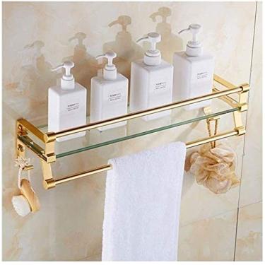Imagem de Prateleira de casa de banho de vidro prateleira de duche de alumínio espacial com toalheiro e trilho prateleira de vidro temperado montada na parede dourada (tamanho: 40 cm)