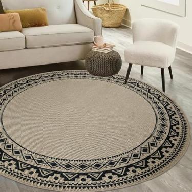 Imagem de Lacomfy Tapete redondo fácil de juta, 1,5 m, lavável, boho, design geométrico, redondo, preto, para casa de fazenda, quarto, sala de estar, dormitório, varanda, pátio, tapete fino