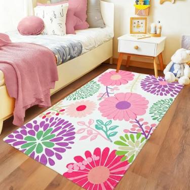 Imagem de USTIDE Tapete de flores rosa macio 7 x 12 cm, lavável na máquina, antiderrapante, tapete floral para quarto de meninas, tapete de berçário infantil, tapete pequeno e fino para cabeceira, dormitório