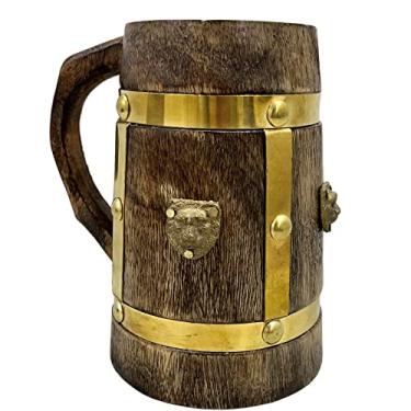 Imagem de Canecas de cerveja feitas à mão canecas de madeira guerreiro viking tira de latão dourado vinho cerveja brinde celebracional acampamento caneca de madeira maciça