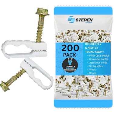 Imagem de STEREN Clipes de cabo coaxial - Suporte de cabo - Clipes de arame - Clipes de revestimento para pendurar - Suporte de cabo para mesa - Grampos de cabo (branco, 100 unidades - parafuso duplo)