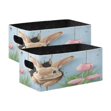 Imagem de xigua Conjunto de 2 caixas de armazenamento fofas de coelhinho marrom, cubo de armazenamento dobrável, organizador de cestas de armazenamento para livros, prateleiras, armário, lavanderia, berçário