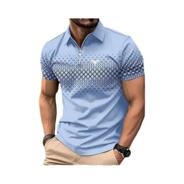 Imagem de Camisa Polo Masculina Xadrez Com Zíper, Casual, Manga Curta, Moda De P