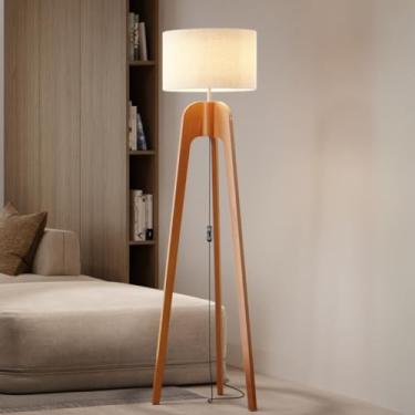 Imagem de UNIDECOR CASA Luminária Abajur de Chão Tripé Tradicional Madeira Maciça Cúpula de Tecido Linho