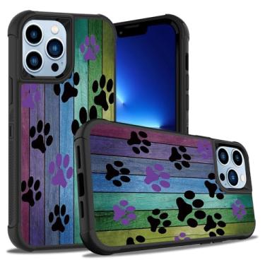 Imagem de ZXHSBROK Capa para iPhone 15 Pro, design de placa de madeira rústica com estampa de pata de cachorro, resistente, 3 em 1, plástico rígido híbrido e silicone macio, à prova de choque, capa de proteção