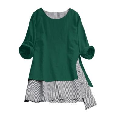 Imagem de Camisetas femininas de linho com botões, gola redonda, vintage, manga curta, patchwork, casuais, soltas, Verde, 5G