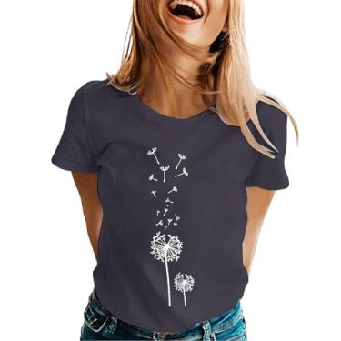 Imagem de Camisetas femininas fofas com estampa de dente-de-leão verão casual solta 2024 roupas modernas para meninas adolescentes gola redonda manga curta túnica, Cinza, XXG