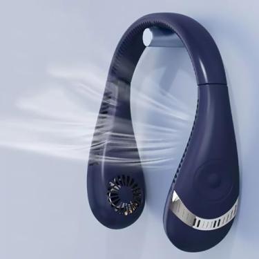 Imagem de Waillynice Novo ventilador de pescoço suspenso de 5000 Mah preguiçoso dobrável pequena cabeça de carregamento portátil usando pescoço pendurado ventilador portátil (azul)