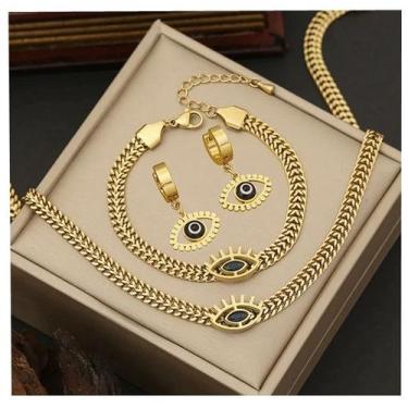 Imagem de Kit cordão + pulseira + par de brincos olho grego feminino - banhado a