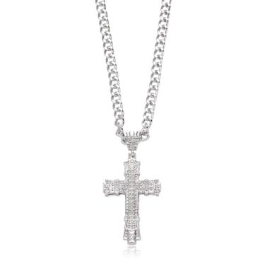 Imagem de Pazciay Colar de corrente de elos cubanos de strass com pingente de cruz de zircônia, diamante de 50,8 cm, joia de rapper hip hop para homens e mulheres, one size, Zinco, Zircônia cúbica
