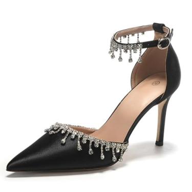 Imagem de QOOEL Sandália feminina de cetim com strass stiletto fechada, bico fino, costas nuas, tira no tornozelo, para festas de casamento e formatura, Preto, 33