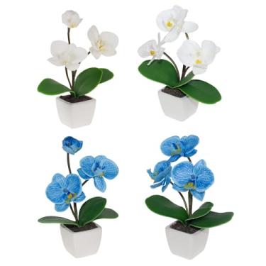 Imagem de BINFEN Mini flores artificiais de orquídea de seda – 4 peças de plantas pequenas falsas de toque real em vaso de cerâmica para casa, escritório, banheiro, sala de estar, prateleira de mesa sintética