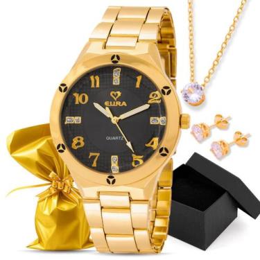 Imagem de Kit Relógio Eura Dourado Detalhe Na Caixa + Colar e Brinco, Preto