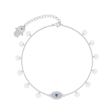 Imagem de Tornozeleira feminina S925 de prata esterlina olho turco com pingente de bolinhas Hamsa, corrente de proteção para olhos azuis turcos, não mancha, joia de verão, praia, pé, presente para mãe