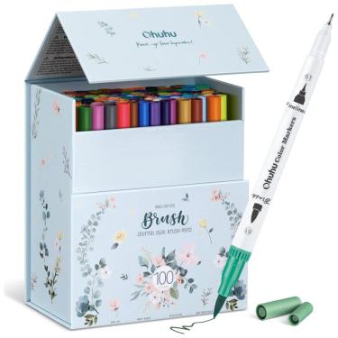 Imagem de Conjunto de Canetas Artisticas 100 Cores com Pontas Duplas, Pincel Fino à Base de Água para Crianças e Adultos, Ohuhu, Branca