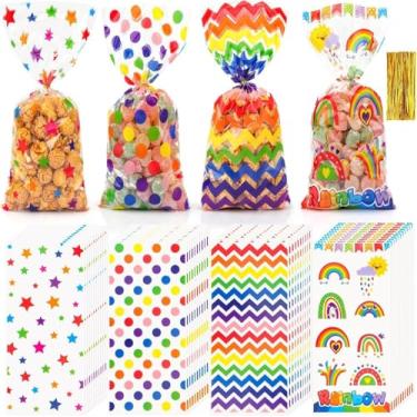Imagem de 50 peças de sacos de guloseimas arco-íris sacos de celofane doces seláveis a quente com 50 peças de laços torcidos para lembrancinha de festa de aniversário