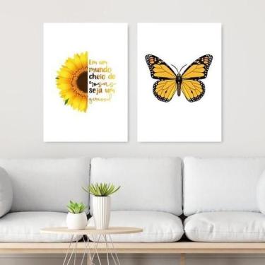 Imagem de Kit 2 Quadros Girassol E Borboleta 24X18Cm Moldura Branca - Quadros On